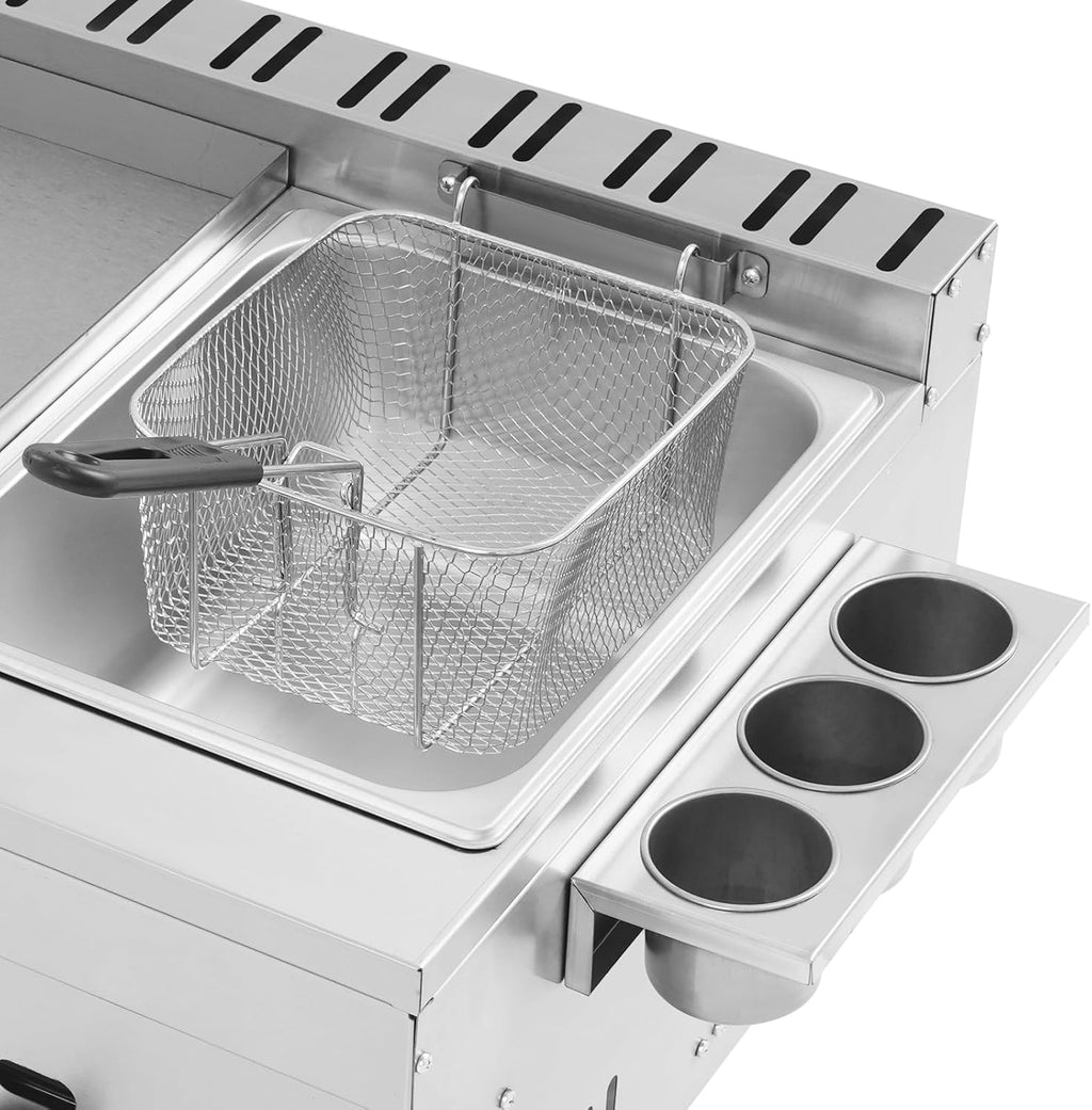 1.59 Gal Commercial Deep Fryer Stainless Steel Flat Top Grill Griddle Gas Countertop Fryer Deep-frying Machine with Grill Griddle for Canteen Restaurant Home