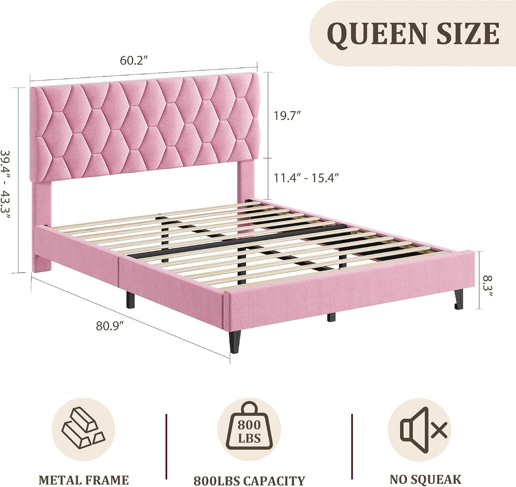 GarveeHome Pink Queen Bed Frame with Upholstered Headboard, Heavy-Duty Platform Bed Frame with Strong Wood Slats, No Box Spring Needed/Noise Free/Easy Assembly