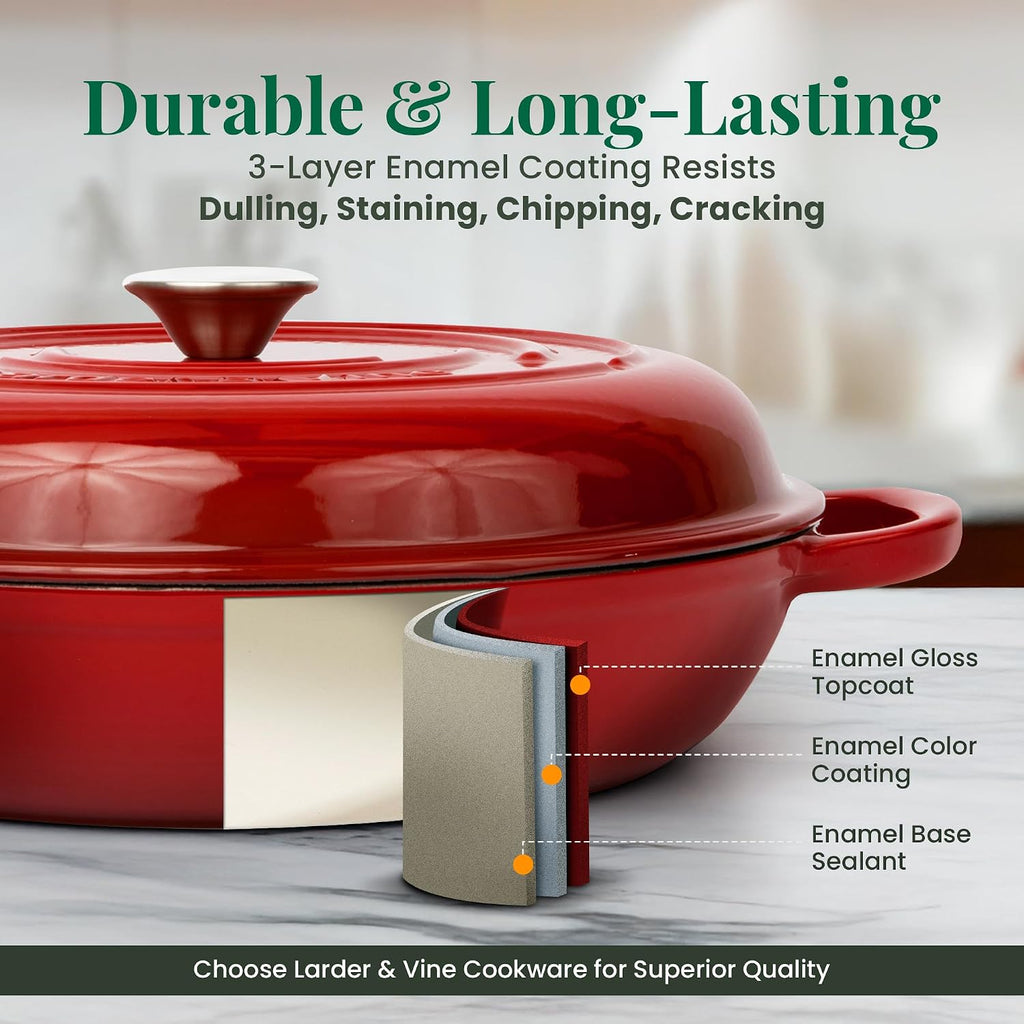 Larder & Vine Enameled Cast Iron Braiser | 3.6 qt Braiser Pan with Lid | Shallow Dutch Oven Compatible on All Cooktops | Casserole Dish Oven Safe to 500° F | Dual Handles | Cabernet