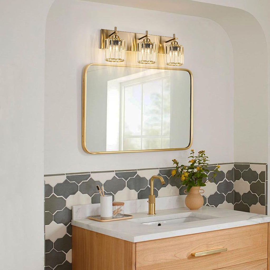 Modern Crystal Bathroom Vanity Lights, Gold 3-Lights Bathroom Light Fixtures Over Mirror, Crystal Wall Lighting with Polished Brass Finish