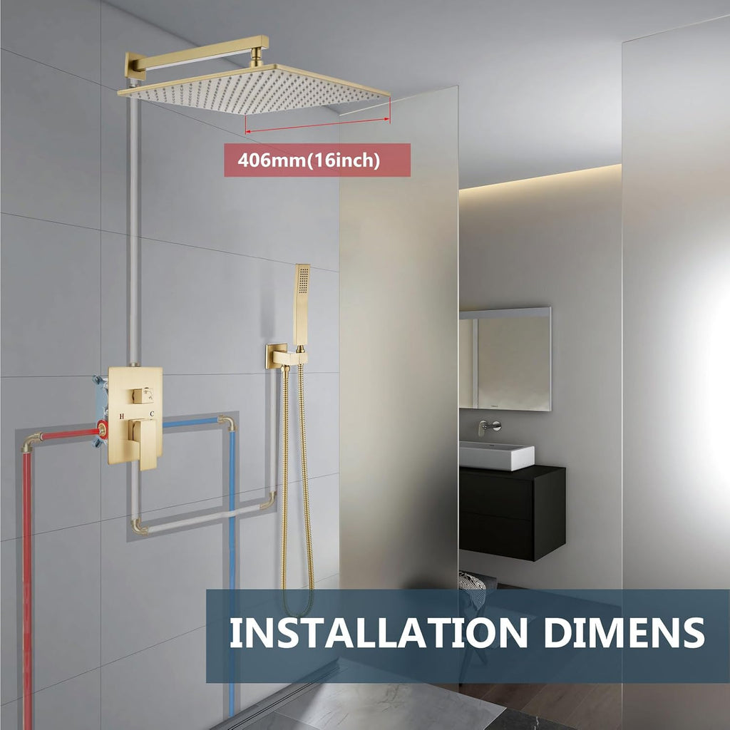 Aolemi Shower Faucet Set with Handheld Spray High Pressure Shower System Shower Faucets Sets Complete Rough-in Valve and Shower Trim Kit Wall Mount Rainfall 16 Inch LED Shower Head Brushed Gold
