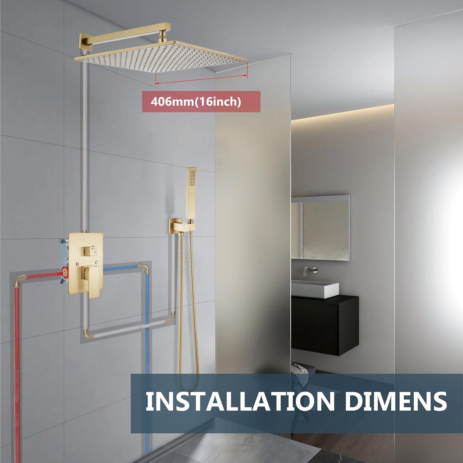 Aolemi Shower Faucet Set with Handheld Spray High Pressure Shower System Shower Faucets Sets Complete Rough-in Valve and Shower Trim Kit Wall Mount Rainfall 16 Inch LED Shower Head Brushed Gold
