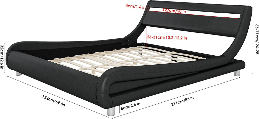 Keyluv Upholstered Full LED Bed Frame with Headboard, Modern Low Profile Platform Bed with Strong Slats Support, Faux Leather Wave-Like Bed Frame, Easy Assembly, No Box Spring Needed, Black