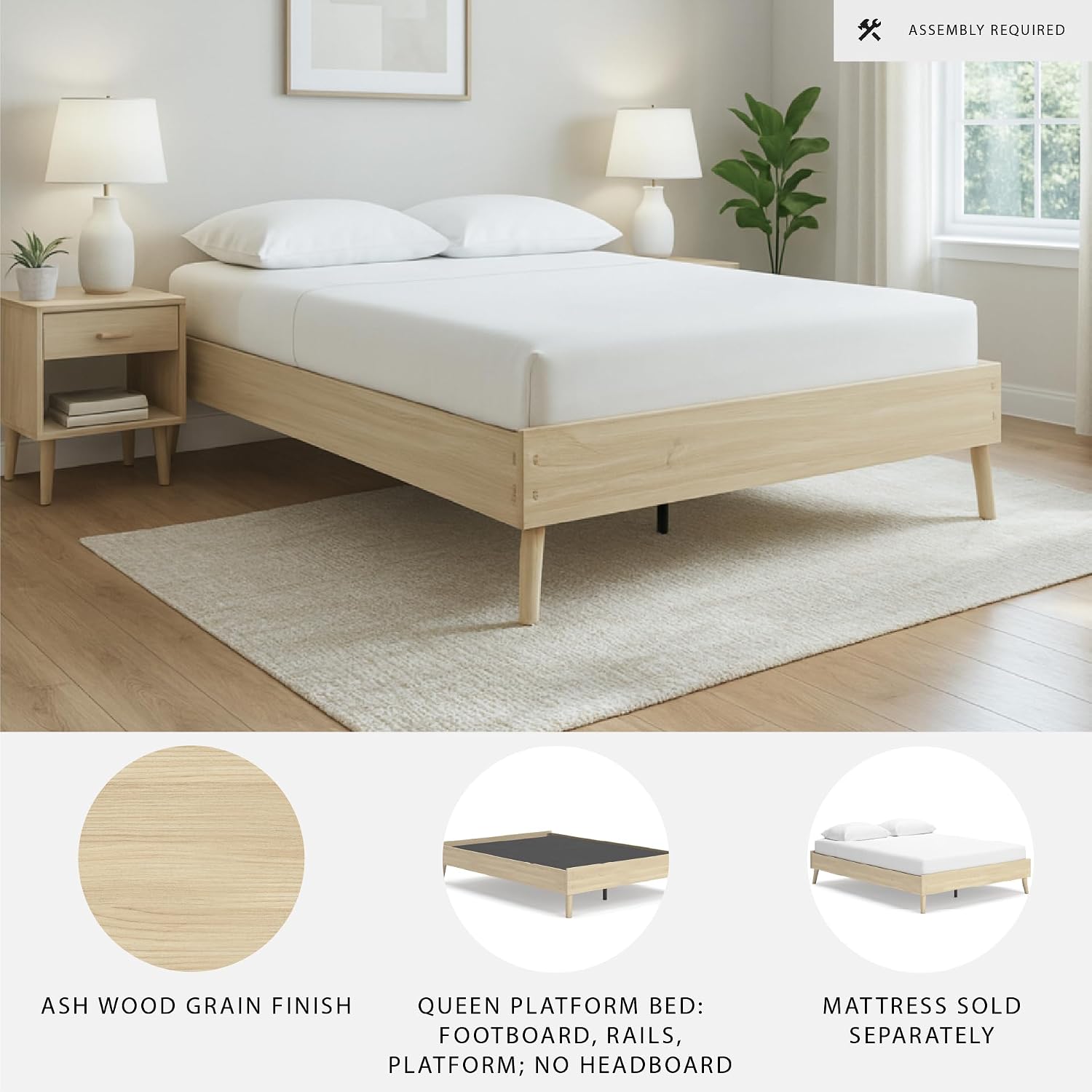Signature Design by Ashley Cabinella Vintage Queen Platform Bed with Metal Slats and Center Support Legs, Wood, Foundation or Box Spring Not Needed, Light Brown