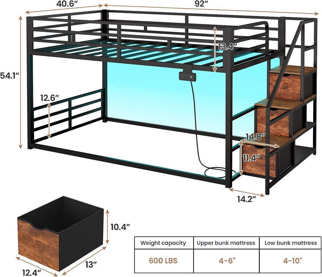 ADORNEVE Low Bunk Bed Twin Over Twin with Storage Staircase, Drawers & Shelves, RGB LED Lights Metal Floor Bunk with Power Outlet, Full-Length Guardrail & Metal Slats, for Small Space, Kids, Black