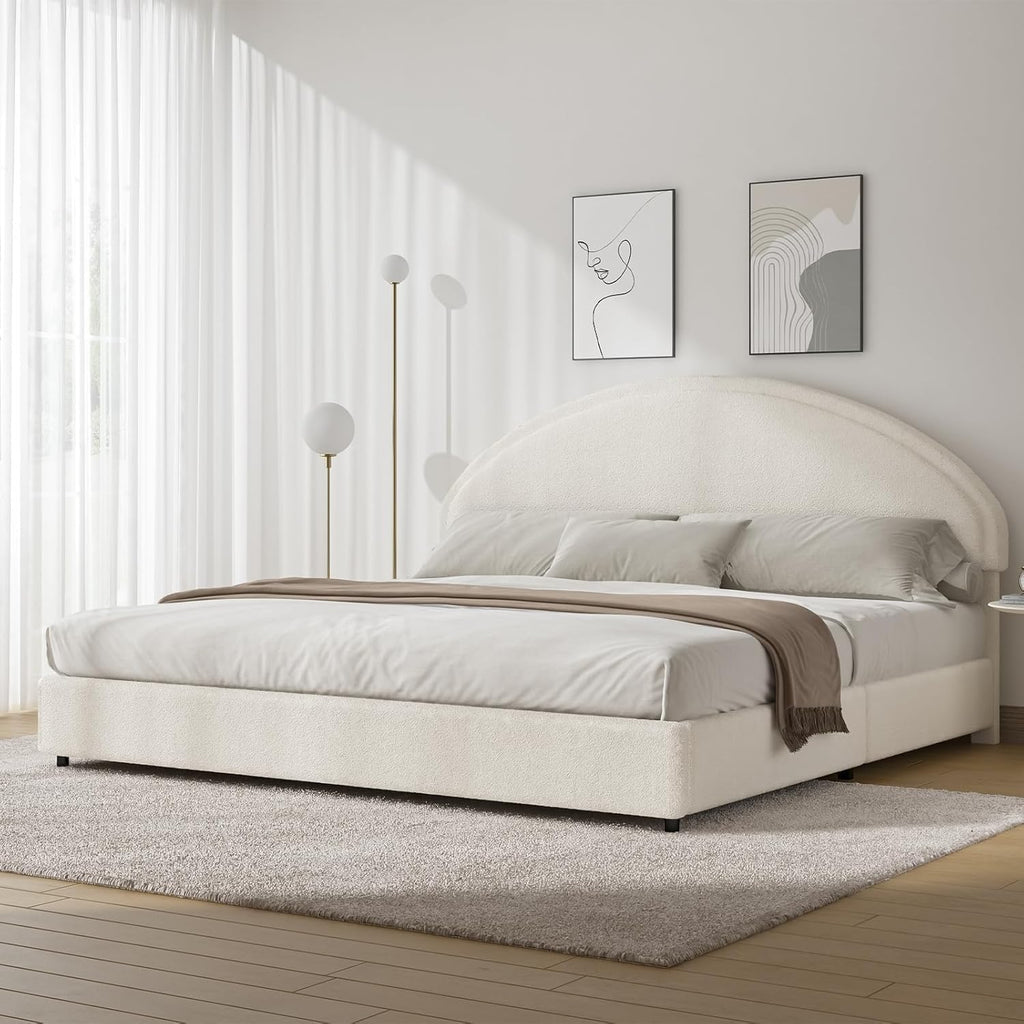 REVOMINCA King Size Bed Frame with Round Headboard, Boucle Upholstered Bed with Round Headboard, Soft Arch Shaped Modern Style, No Box Spring Required, Easy Assembly, White