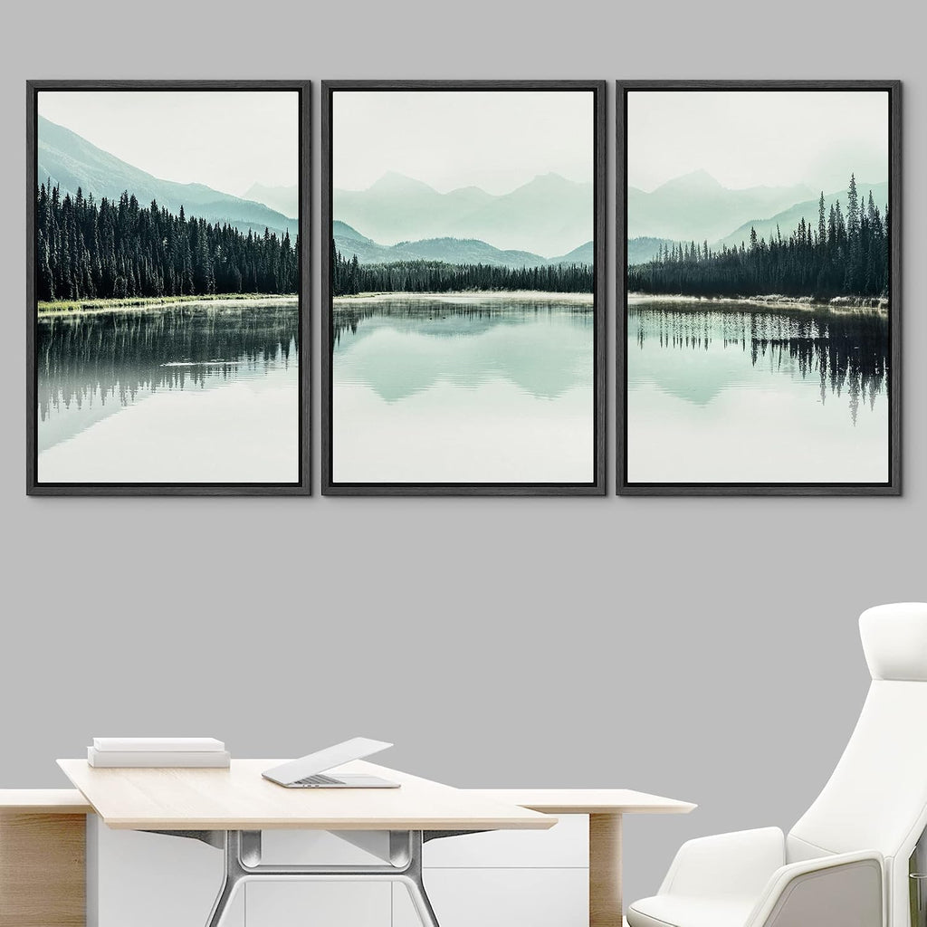 NWT Framed Canvas Print Wall Art Set Teal Mountain Range Lake Forest Landscape Nature Wilderness Modern Art Rustic Scenic Relax/Calm for Living Room, Bedroom, Office - 16'x24'x3 Black