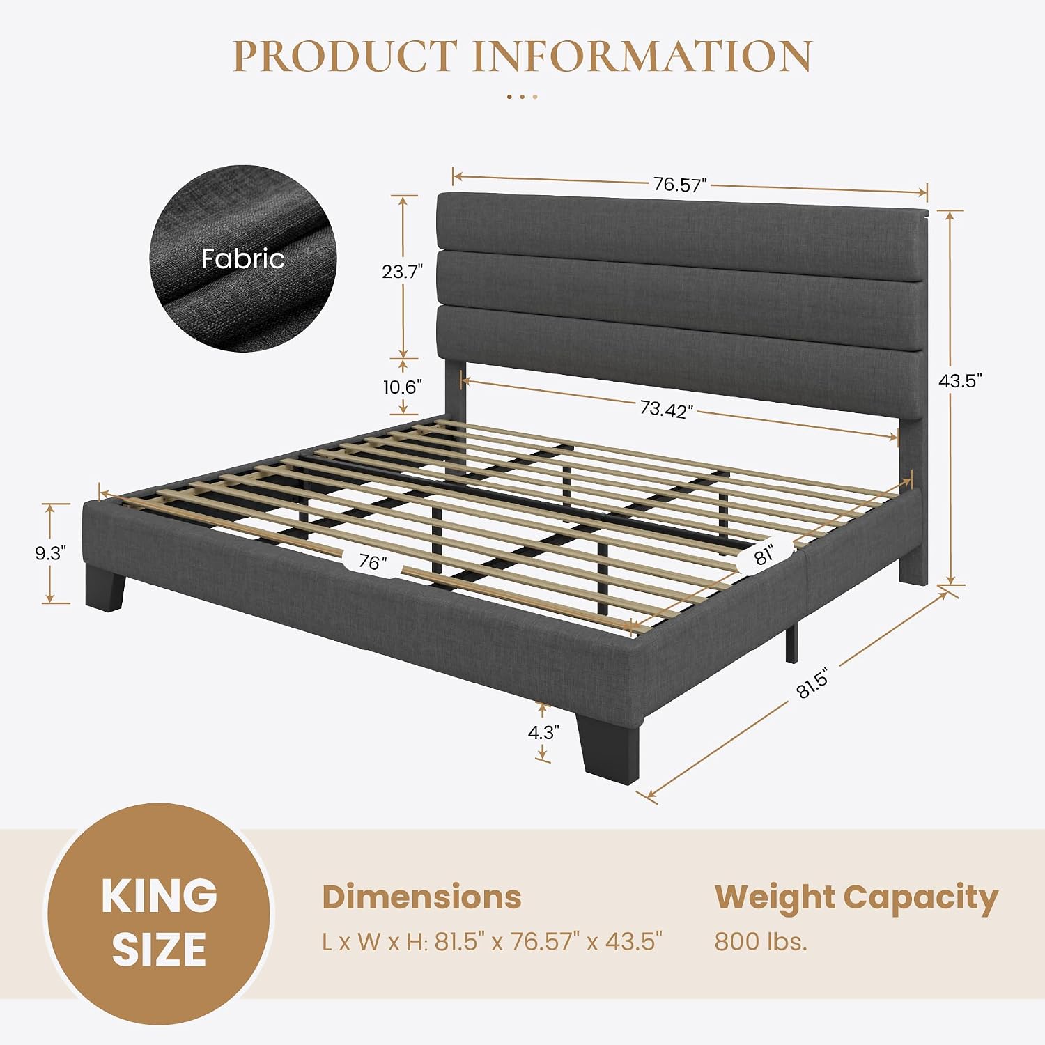 SHA CERLIN King Platform Bed Frame with Upholstered Fabric Headboard, Mattress Foundation with Strong Wooden Slats Support, No Box Spring Needed, Grey