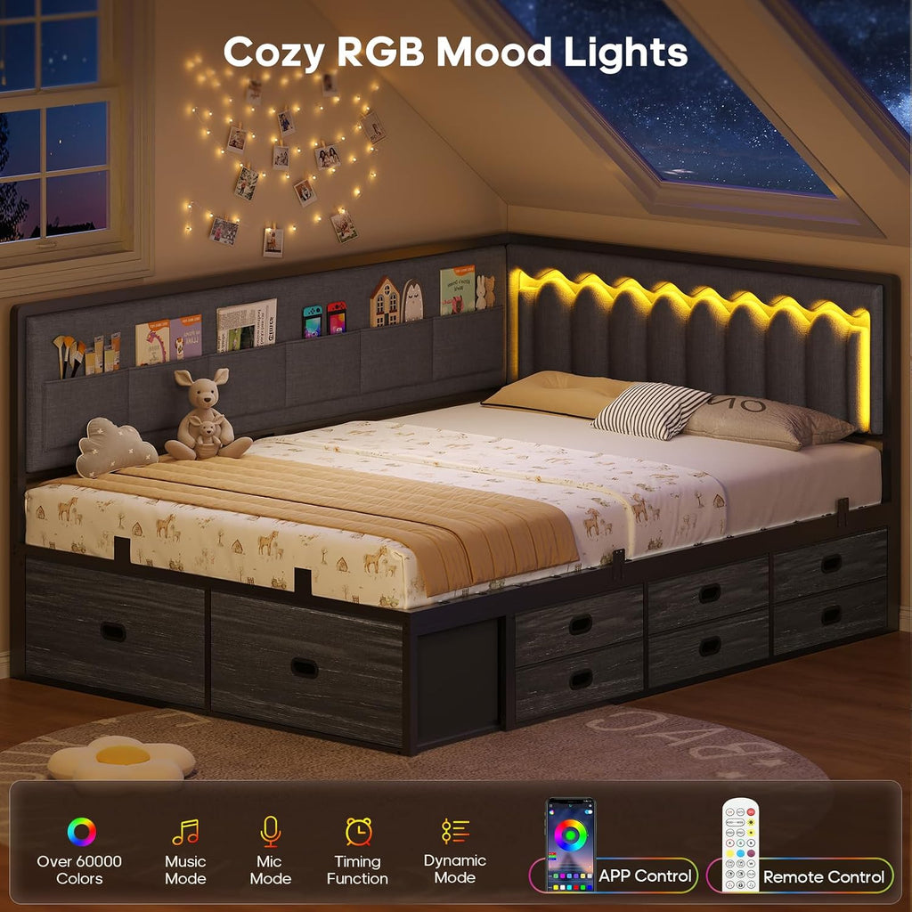 ADORNEVE Full Corner Bed Frame with 8 Drawers, 6 Storage Pockets, Full Daybed with Storage and RGB Wave Lights, Platform Bed with L-Shaped Upholstered Guardrail for Kids Teen,Grey