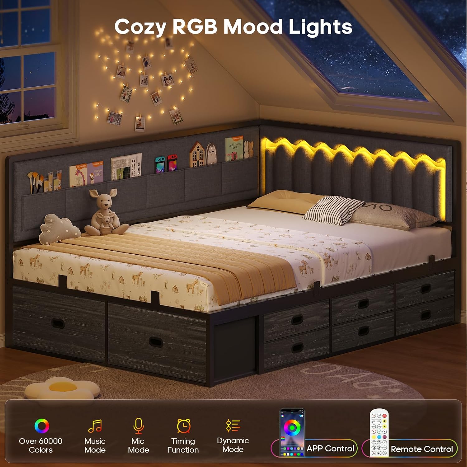 ADORNEVE Full Corner Bed Frame with 8 Drawers, 6 Storage Pockets, Full Daybed with Storage and RGB Wave Lights, Platform Bed with L-Shaped Upholstered Guardrail for Kids Teen,Grey