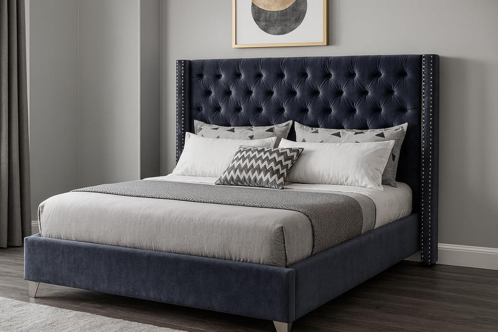 Meridian Furniture Aiden Collection Modern | Contemporary Velvet Upholstered Bed with Deep Button Tufting, Solid Wood Frame, and Custom Chrome Legs, Full, Grey