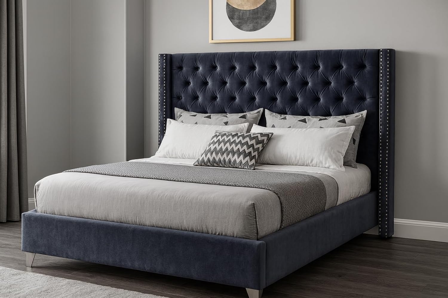 Meridian Furniture Aiden Collection Modern | Contemporary Velvet Upholstered Bed with Deep Button Tufting, Solid Wood Frame, and Custom Chrome Legs, Full, Grey