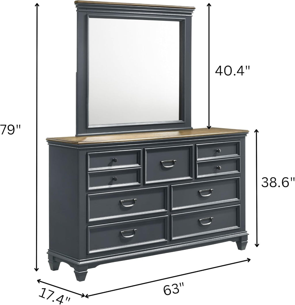 Roundhill Furniture Riverton Wood Bedroom Set with Shiplap Panel Queen Bed, Dresser, Mirror, and Two Nightstands in Slate Blue
