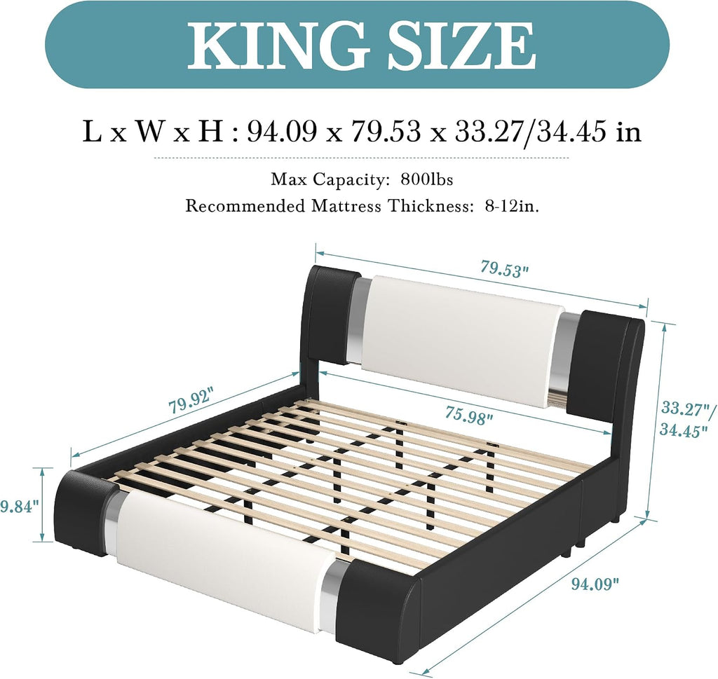 HOOMIC Modern King Faux Leather Bed Frame with Iron Pieces Decor, Low Profile Platform Bed with Height-Adjustable Headboard, Solid Wood Slat Support, No Box Spring Needed, Black & White