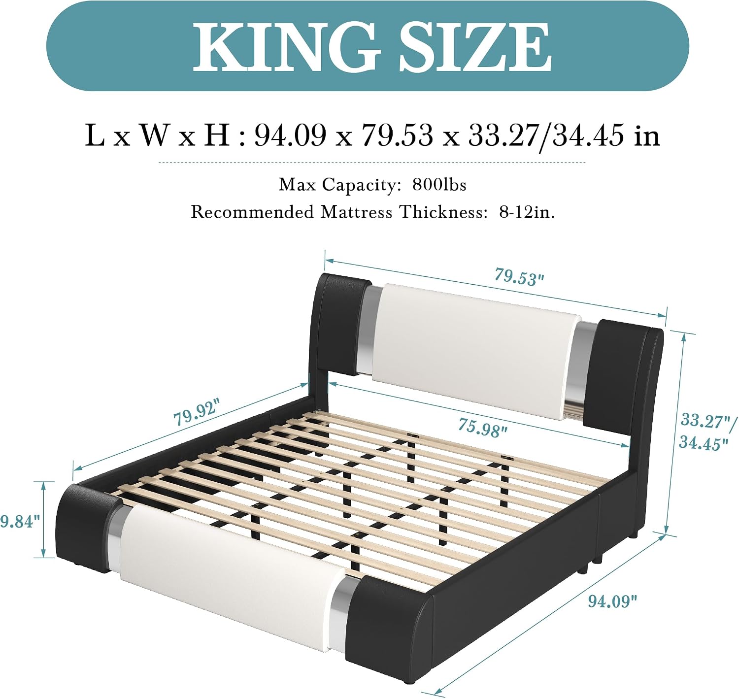 HOOMIC Modern King Faux Leather Bed Frame with Iron Pieces Decor, Low Profile Platform Bed with Height-Adjustable Headboard, Solid Wood Slat Support, No Box Spring Needed, Black & White