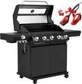 GEA5001H 5-Burner Gas Grill With Infrared Side Burner, Bilateral Stainless Steel Side Shelf With Hook, Cabinet Style Grill for Outdoor Grilling and Backyard Cooking, Black