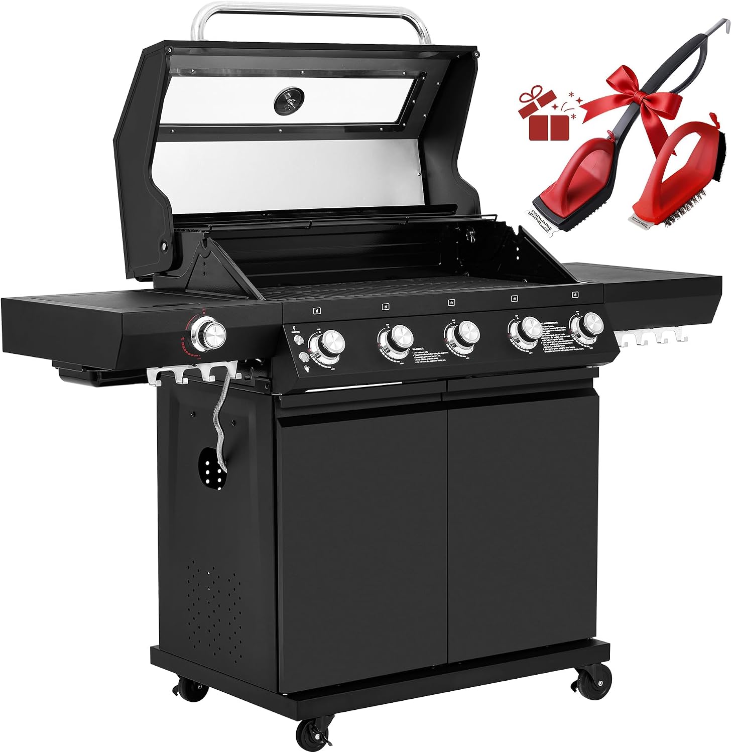 GEA5001H 5-Burner Gas Grill With Infrared Side Burner, Bilateral Stainless Steel Side Shelf With Hook, Cabinet Style Grill for Outdoor Grilling and Backyard Cooking, Black