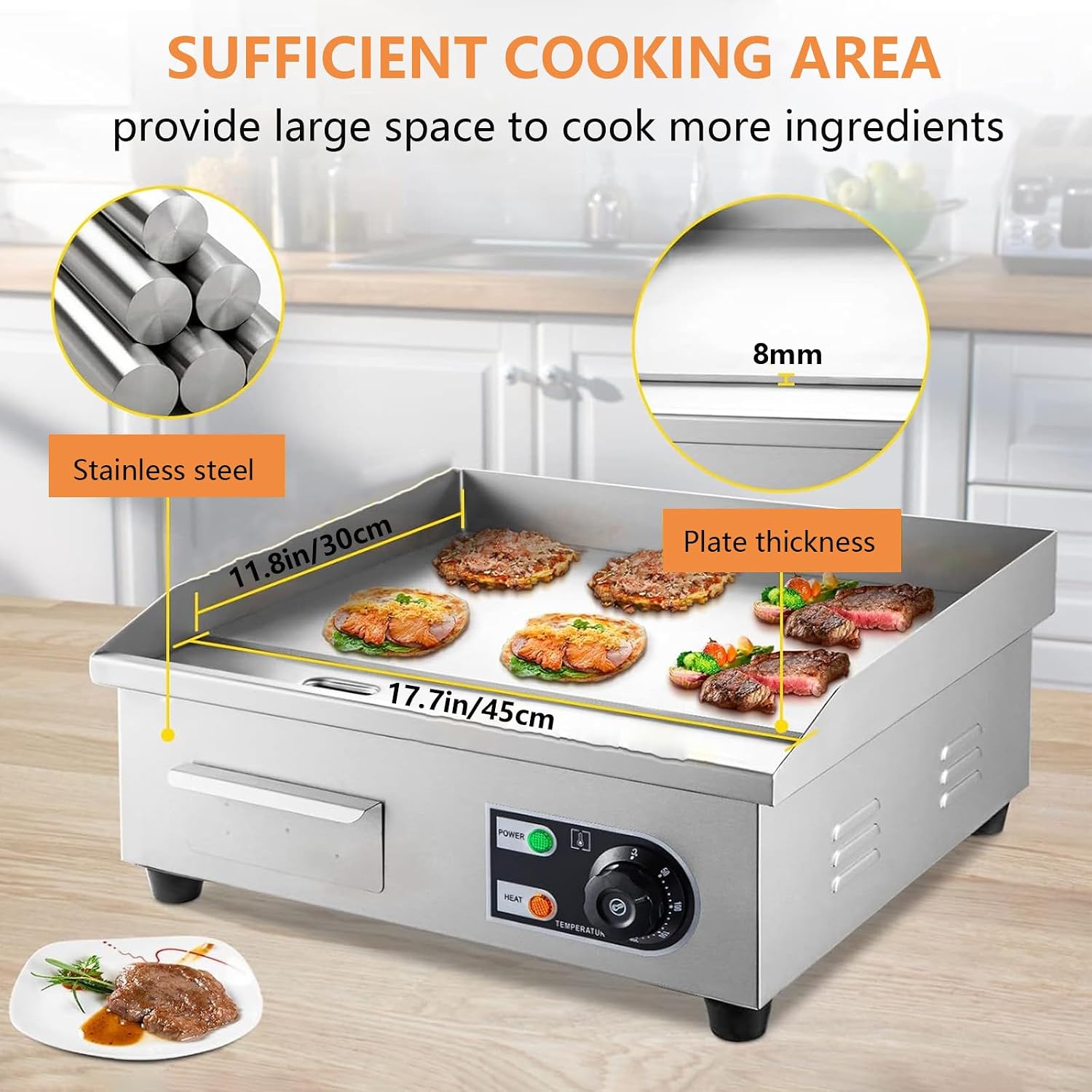 Commercial Electric Countertop Griddle Stainless Steel BBQ Flat Top Grill Hot Plate, Adjustable Thermostatic Control, Restaurant Grill for Kitchen