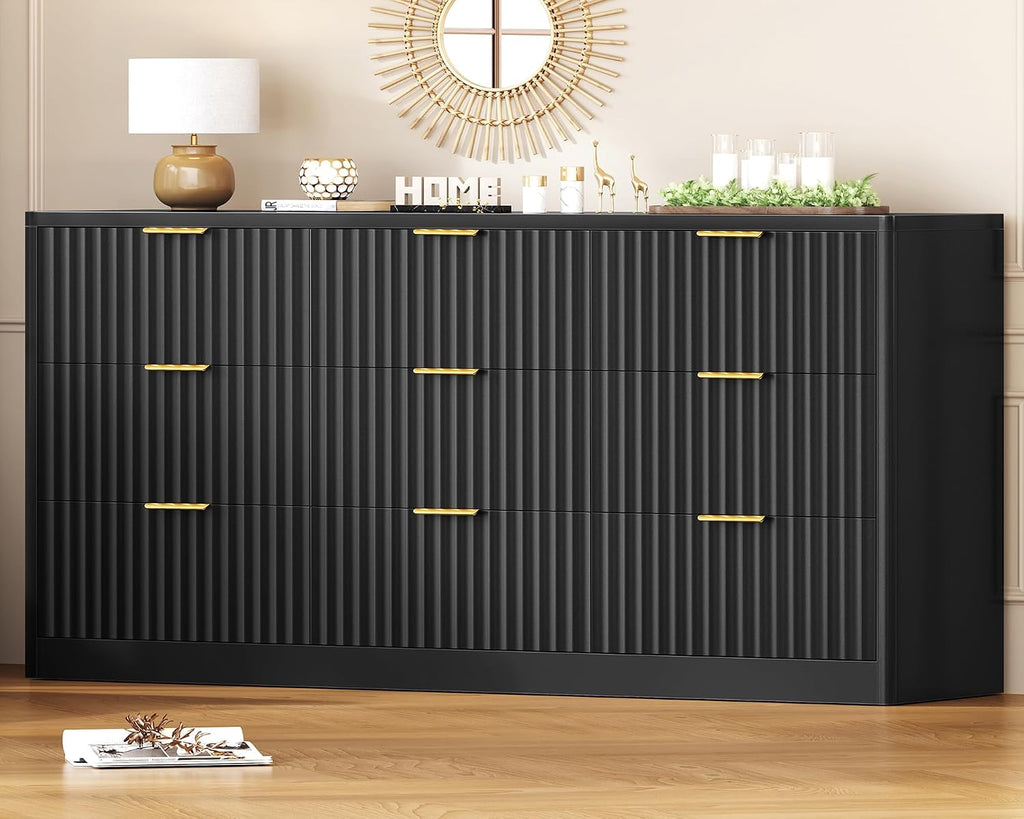 TEENFON Fluted Dresser for Bedroom with 9 Drawers, 63' Wide Modern Chest of Drawers with Metal Handle & Curved Profile Design, Wood Closet Clothes Storage Organizer for Living Room, Hallway, Black
