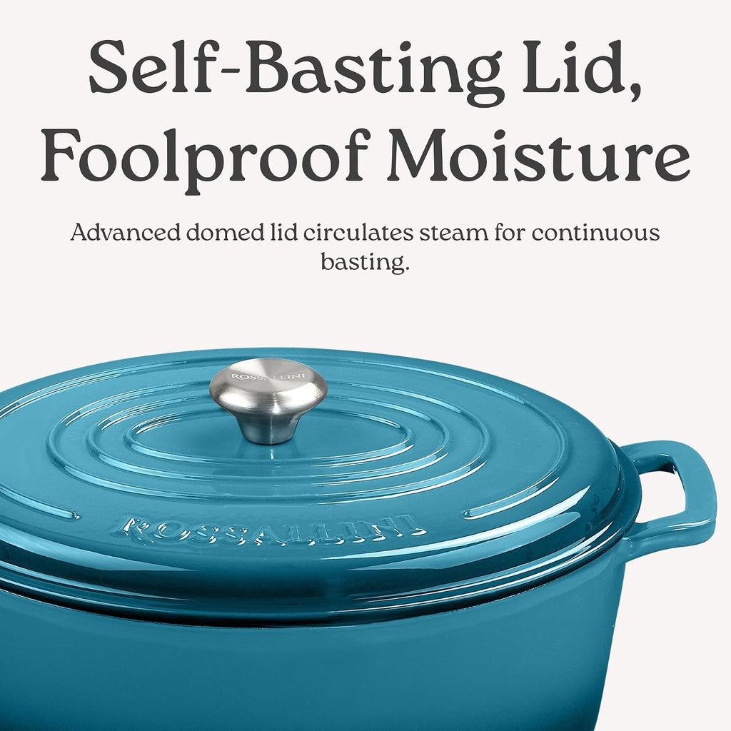 ROSSALLINI Signature Enameled Cast Iron Oval Dutch Oven | Non-Stick Serving Pot with Tight Fitting Lid for Perfect Roasting, Baking, Sauteing, and Bread Making | 15.5Q [Indigo Blue]