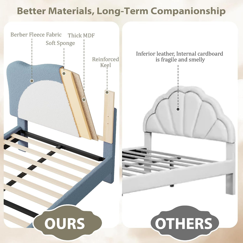 GarveeHome Twin Size Bed Frame for Kids - Cute Velvet Princess Platform Bed with Upholstered Headboard for Girls/Boys, Solid Wood Slats Support, No Box Spring Needed, Blue + White