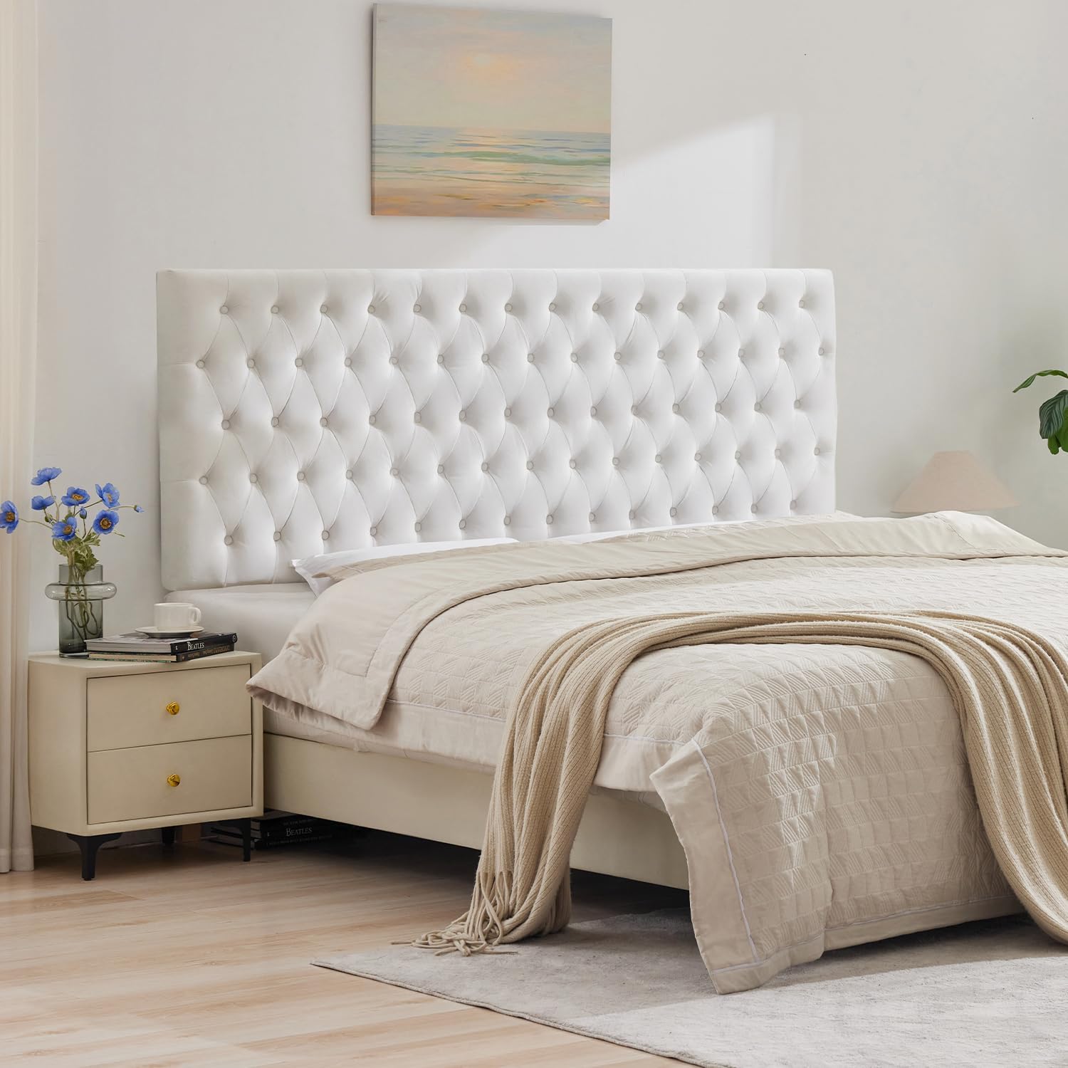 Kingfun Upholstered Queen Headboard Only, Premium Velvet Button Tufted Headboards, Adjustable Solid Wood Head Board, Padded Headboard with Solid Wood Legs in Bedroom (White)