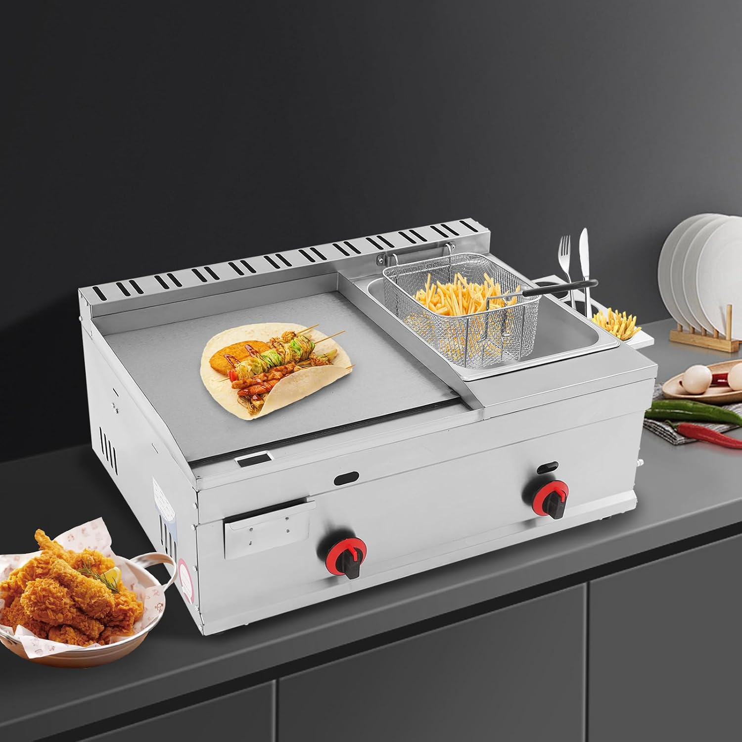 1.59 Gal Commercial Deep Fryer Stainless Steel Flat Top Grill Griddle Gas Countertop Fryer Deep-frying Machine with Grill Griddle for Canteen Restaurant Home