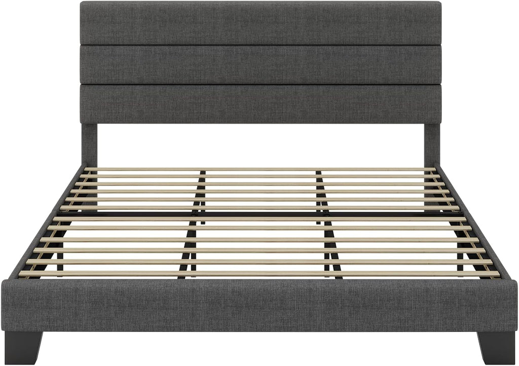 SHA CERLIN King Platform Bed Frame with Upholstered Fabric Headboard, Mattress Foundation with Strong Wooden Slats Support, No Box Spring Needed, Grey
