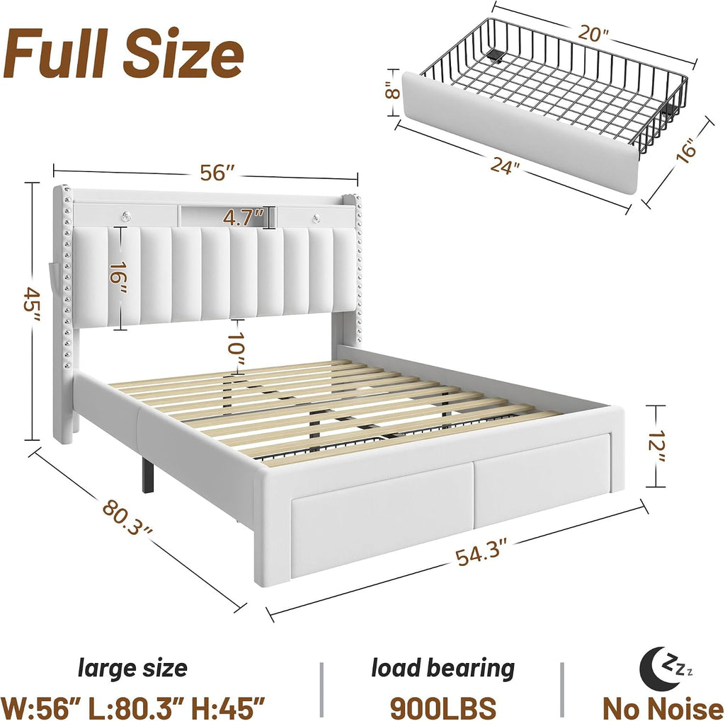 CypBed Full Size Upholstered Platform Bed Frame with Velvet & 2-Tier Storage Headboard, USB & Type-C Charging Ports, 4 Storage Drawers, Solid Wood Slats, No Box Spring Needed, No-Noise, White, Gifts