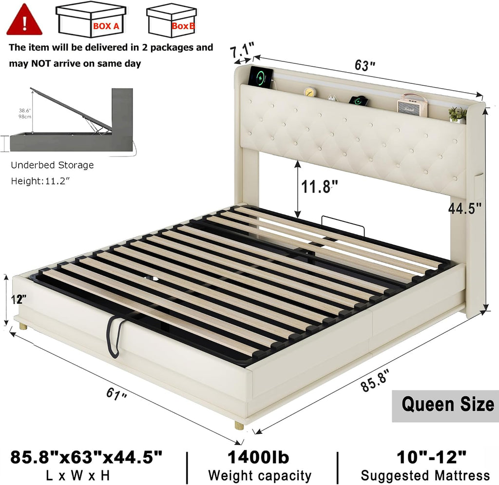 Ailisite Queen Size Lift Up Storage Bed, Upholstered Platform Bed with Button Tufted Wingback Storage Headboard, Bed Frame Queen Size with Led Lights and Charging Station, No Box Spring Needed, Beige