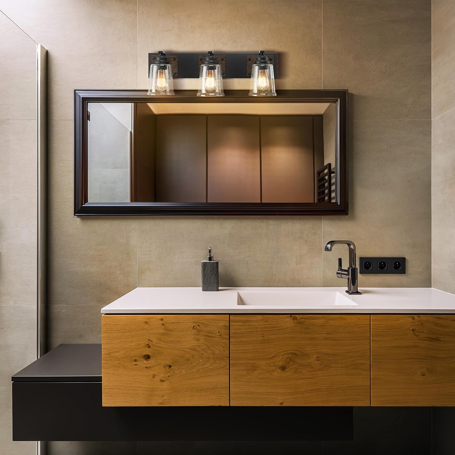 Globe Electric 51852 3-Light Vanity Light, Bathroom Wall Fixture, Matte Black and Dark Faux Wood Finish, Clear Seeded Glass Shades, E26 Base, Dimmable