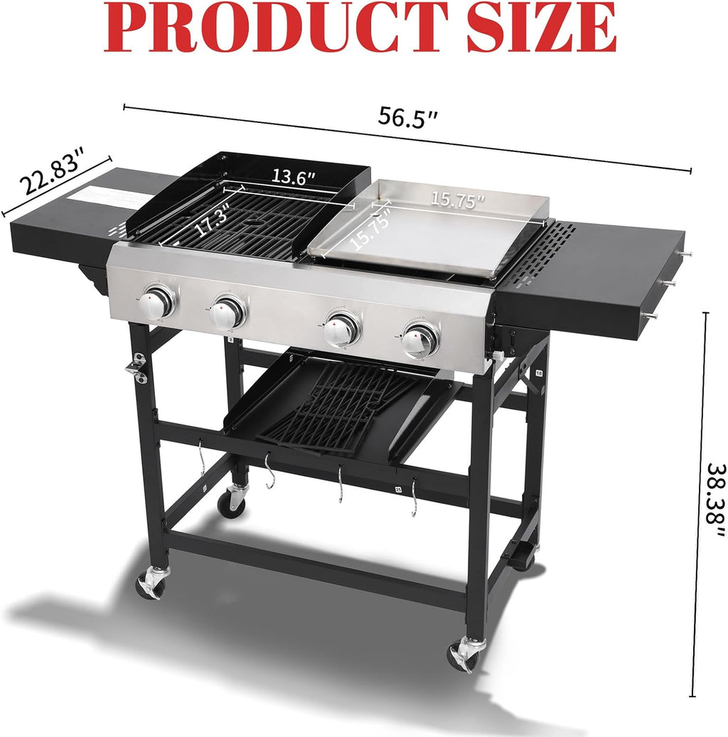 4-Burner Propane Gas Grill and Griddle Combo, Stainless Steel Propane Grill 36,900 BTU Outdoor Cabinet Style with Wheels, Wire Rack and Two Foldable Side Table (2 Grill Pans + 2 Grills)