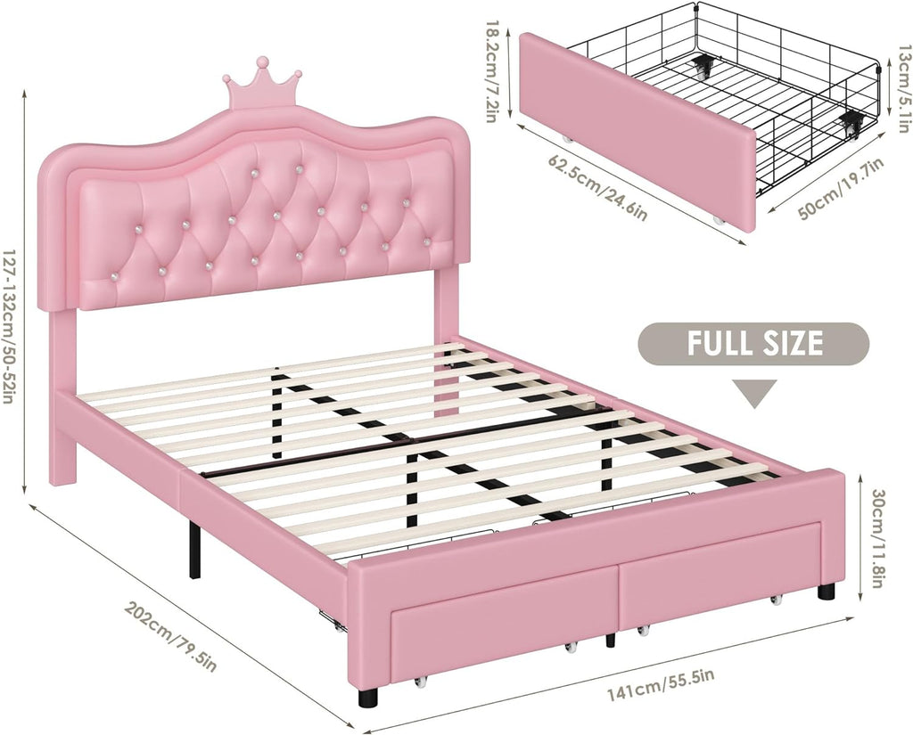 Keyluv Full Upholstered LED Bed Frame with Storage Drawer, Leather Princess Platform Bed with Adjustable Crystal Button Tufted Crown Headboard, Solid Wooden Slats Support, No Box Spring Needed, Pink