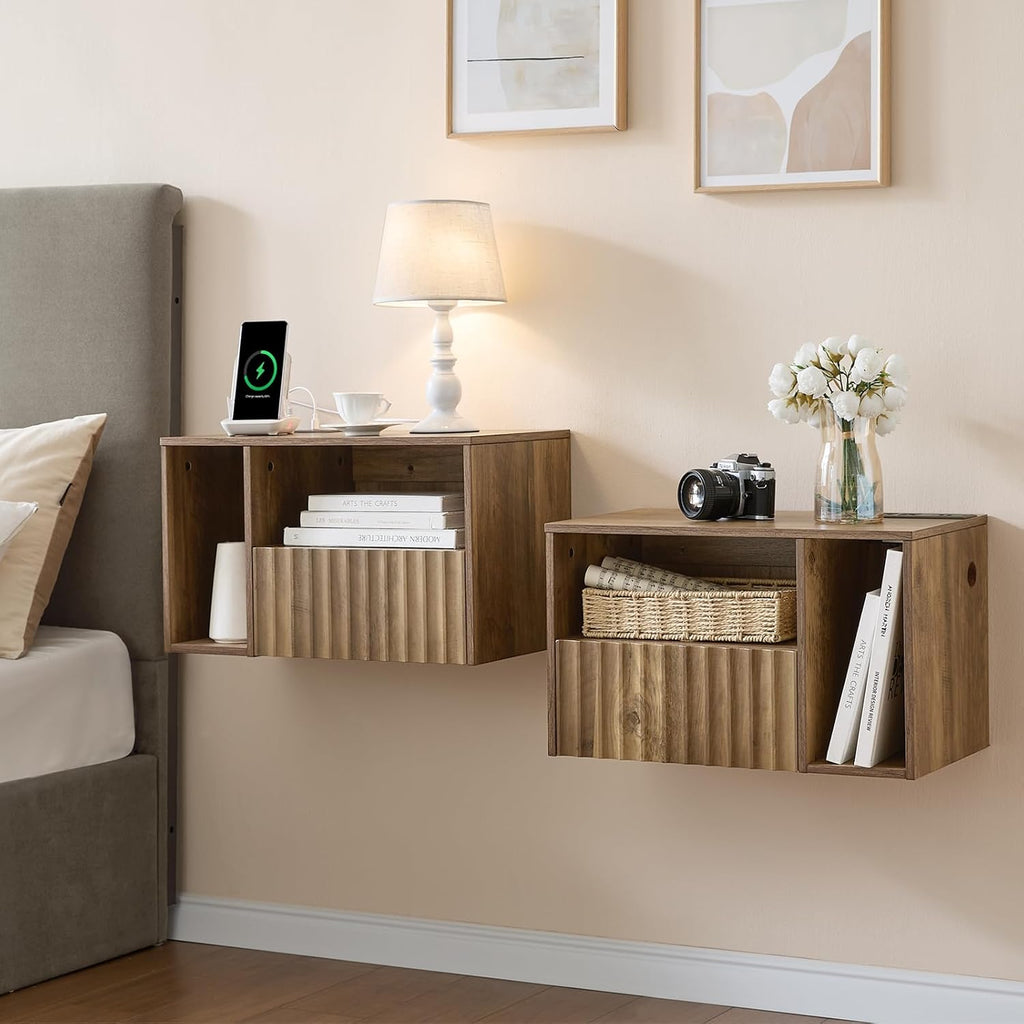 BuildHom Floating Nightstand with Charging Station - Modern Rustic Brown Fluted Bedside Table with Drawer, USB Ports & Outlets (Set of 2)