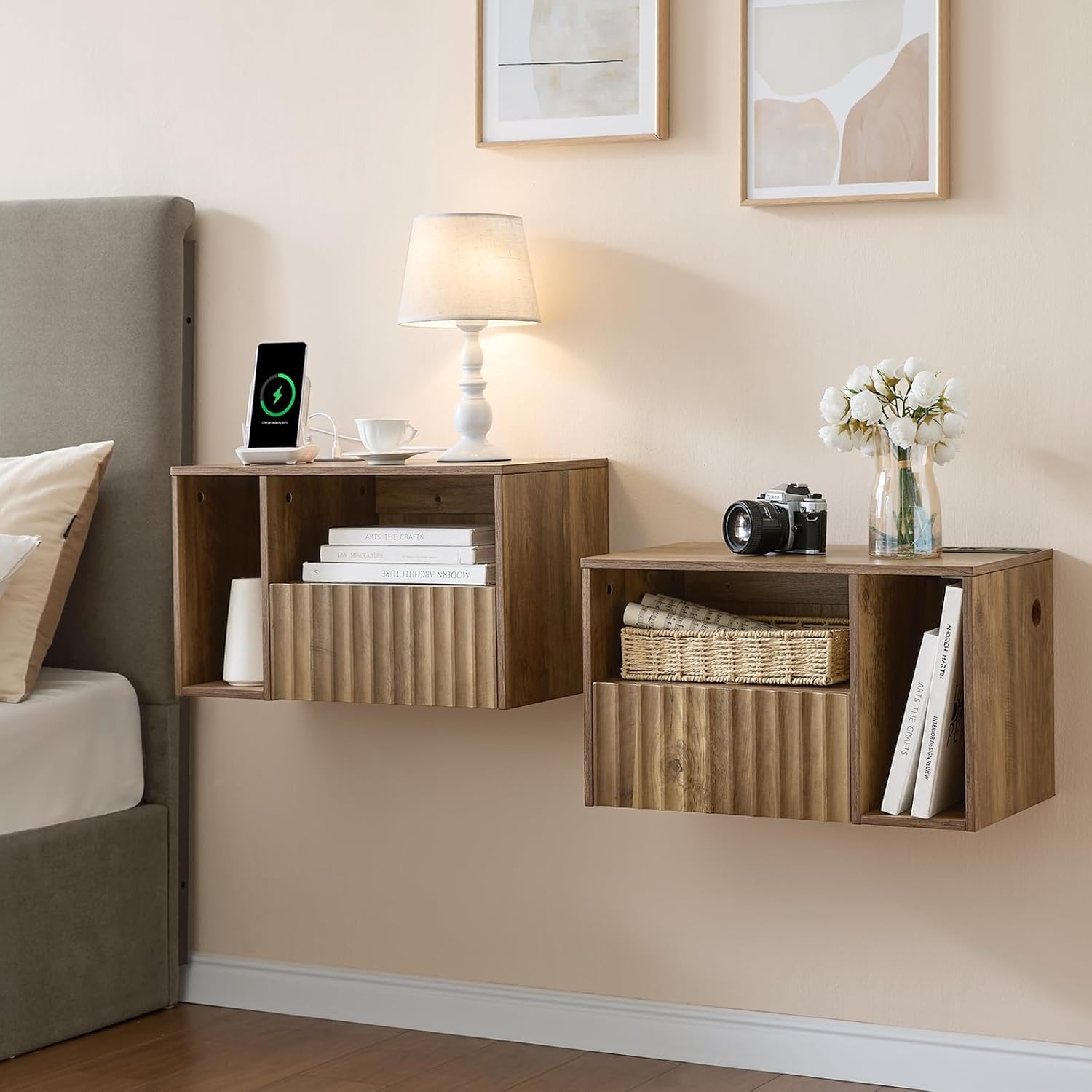 BuildHom Floating Nightstand with Charging Station - Modern Rustic Brown Fluted Bedside Table with Drawer, USB Ports & Outlets (Set of 2)