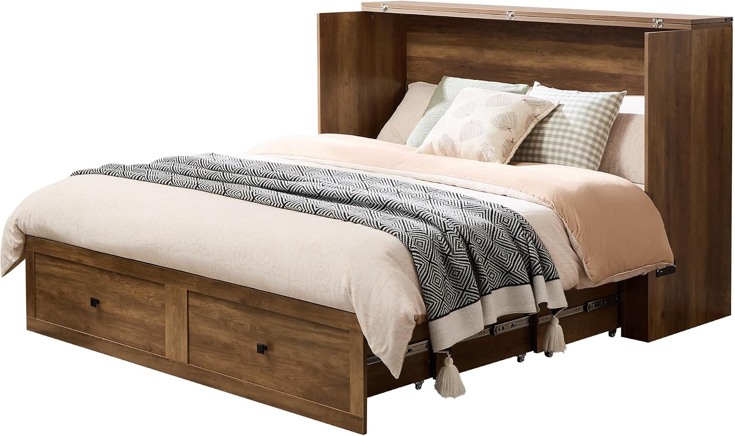 AMERLIFE Full Murphy Bed Cabinet with Charging Station and Storage, Farmhouse Foldable Platform Bed for Guest Room, Office, Small Spaces, Barnwood
