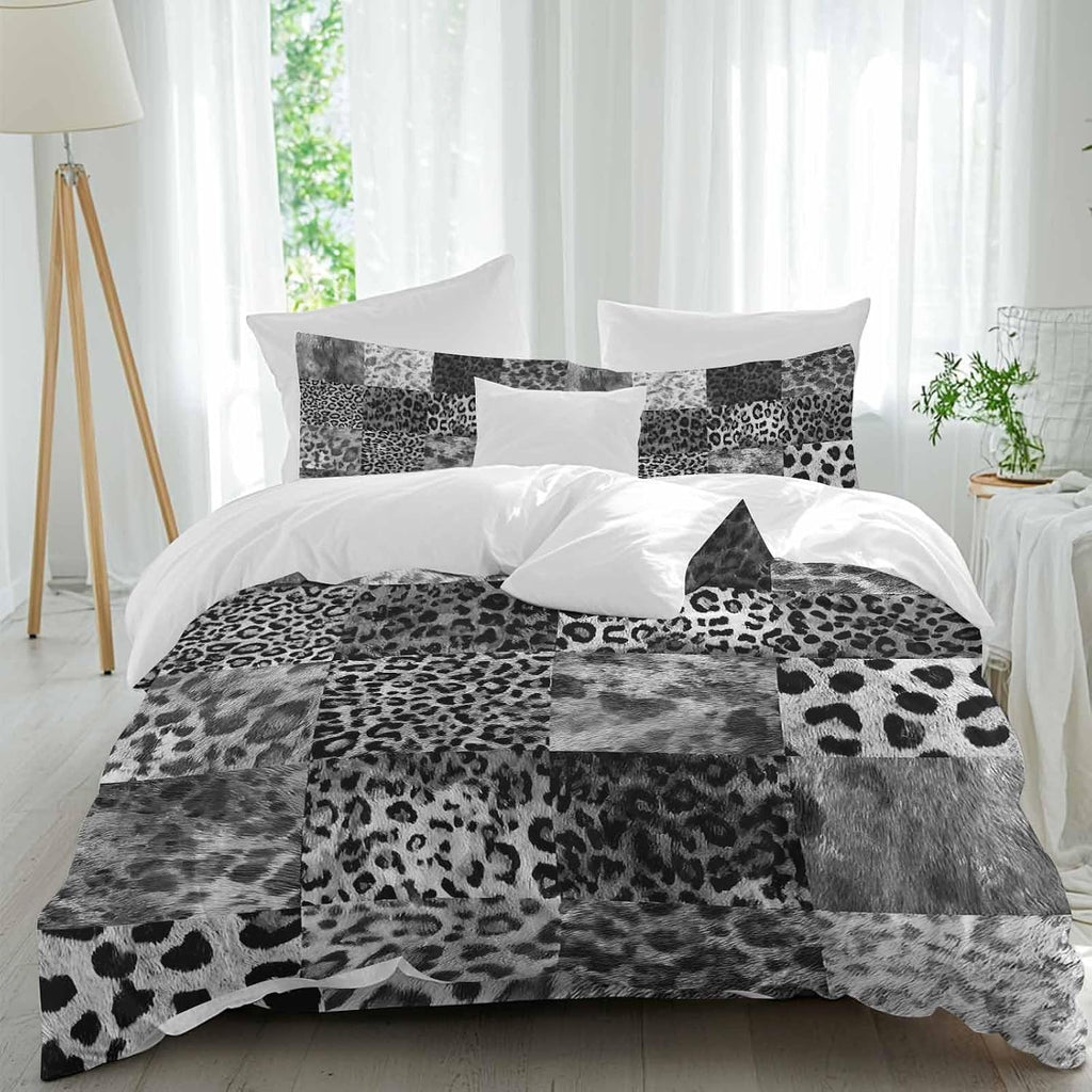 Vintage Black Leopard Duvet Cover Set Queen Size 4 Pieces Animal Print Patchwork Style Art Painting Bedding Set with Zipper Closure, 1 Comforter Cover 92x106 Inches 1 Flat Sheet & 2 Pillow Cases