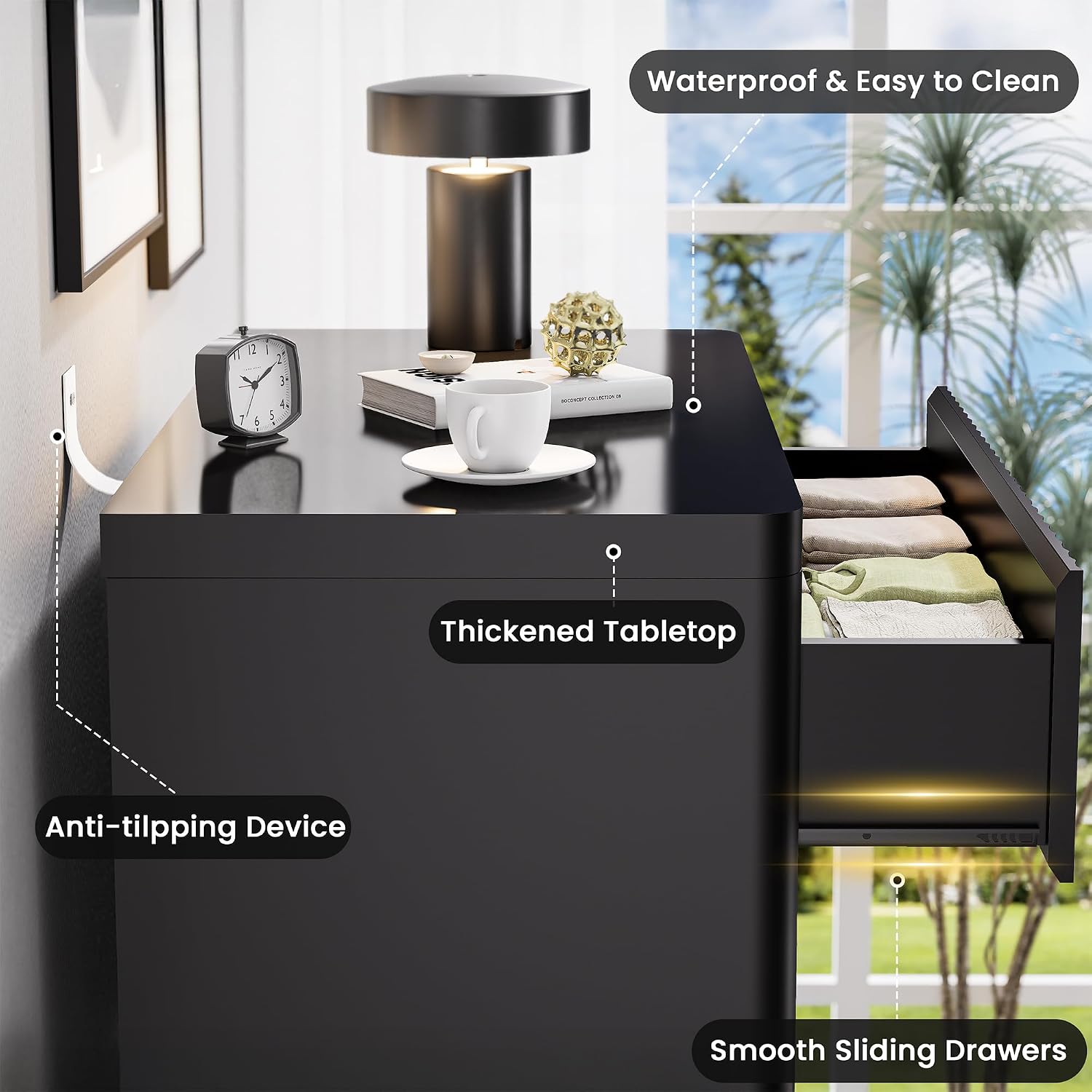 Standifurno Black 56' Tall Dresser for Bedroom, Fluted Modern 6 Drawers Deep Dressers, Wood Chest of Drawers with Handleless, Curved Profil Storage Closet Dressers for Bedroom, Living Room, Hallway