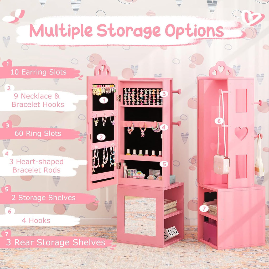 Costzon Kids Vanity & Jewelry Armoire Cabinet, Wooden Vanity Table and Chair Set, Standing Jewelry Organizer with Full-Length Mirror, Large Storage, Kids Bedroom Furniture Set for Girls (Pink)