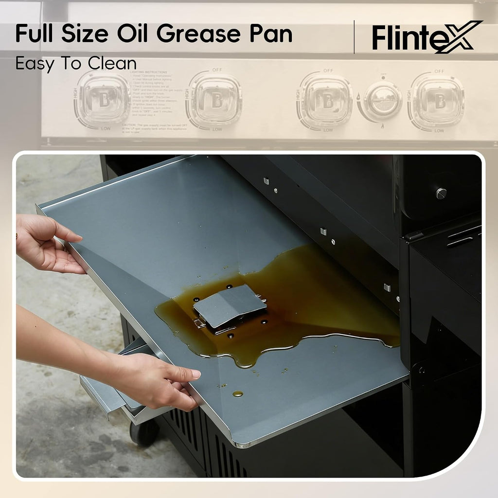 Flintex 4-Burner Propane Gas Kitchen Grill Island with Side Burner,44,000 BTU Stainless Steel BBQ Outdoor Griddle Grill Combo with LPG/NG Convertible and Storage Cabinets & Fold-out Table, Black