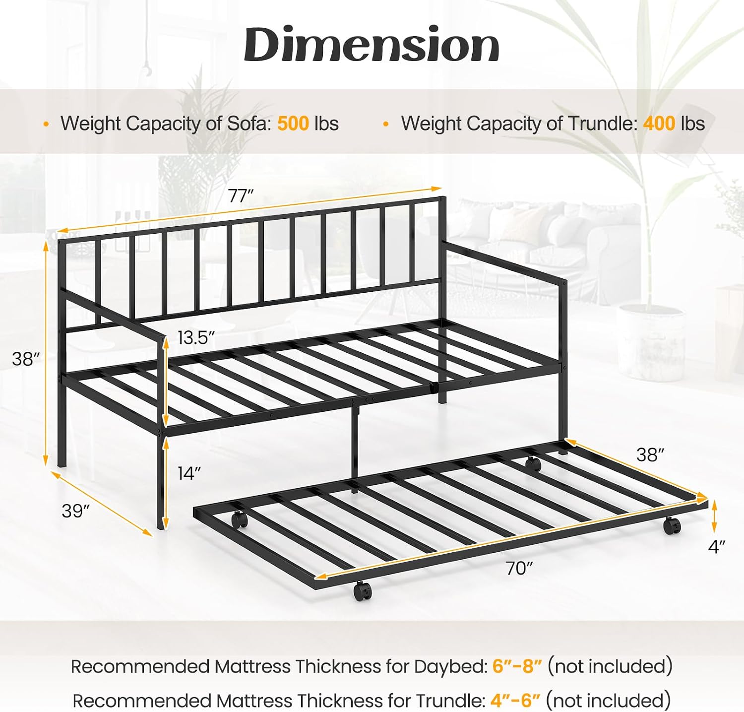 KOMFOTT Twin Metal Daybed with Trundle, Metal Sofa Bed & Pull-Out Trundle Set with Lockable Casters, Daybed for Living Room, No Box Spring Needed