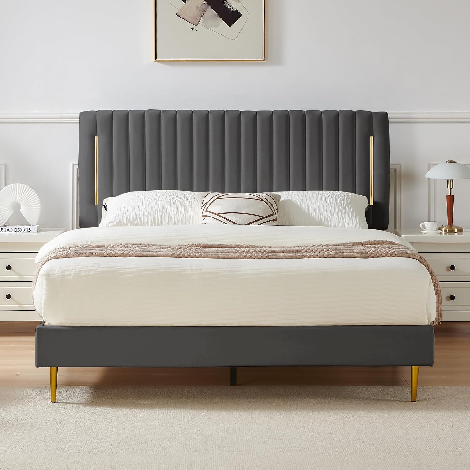 Furnify Queen Platform Bed Frame, Velvet Upholstered Bedframe with Vertical Channel Adjustable Headboard, Golden Plating Trim, Mattress Foundation with Wooden Slats, No Box Spring Needed, Grey