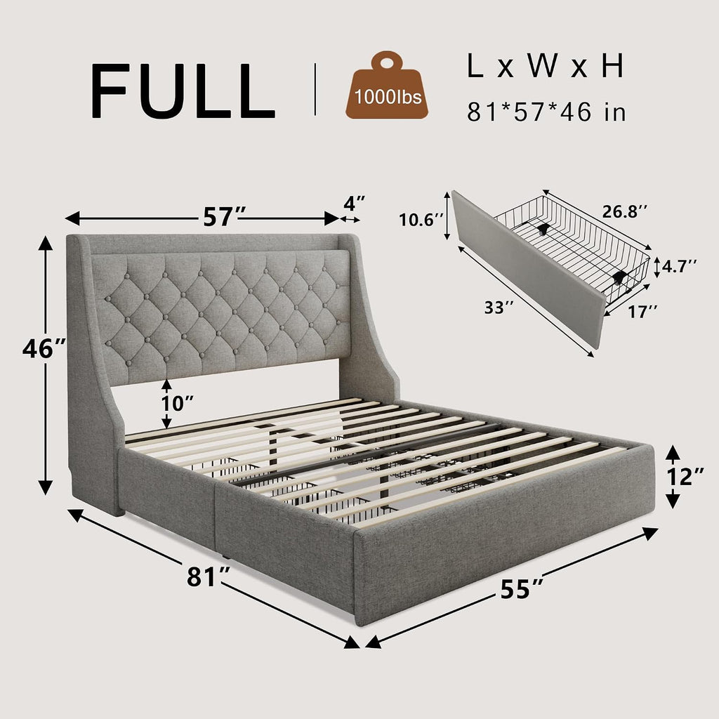 Einhomn Upholstered Full Size Bed Frame with 4 Storage Drawers, Platform Bed Frame with Wingback Headboard, Charging Station, No Box Spring Needed, Light Grey