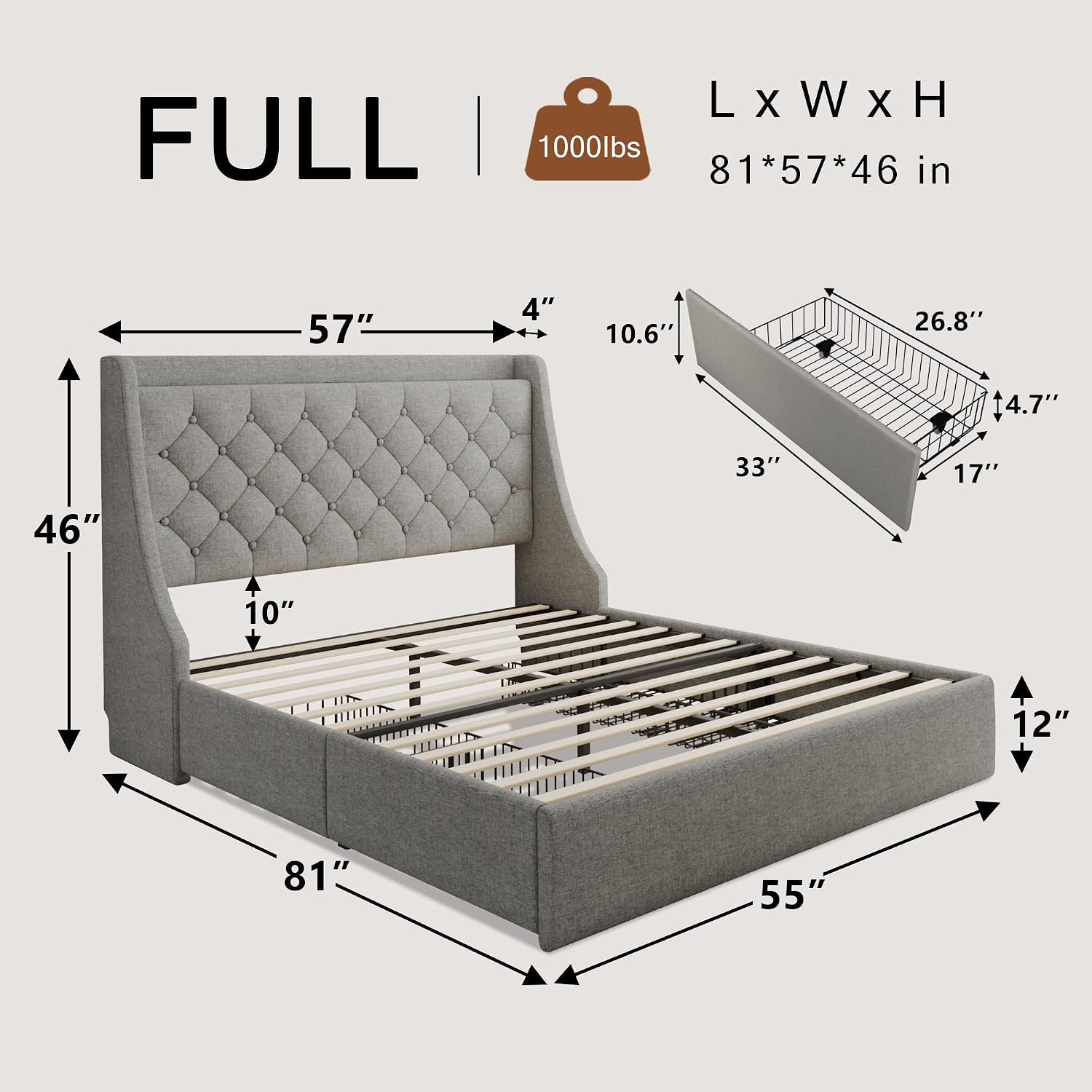 Einhomn Upholstered Full Size Bed Frame with 4 Storage Drawers, Platform Bed Frame with Wingback Headboard, Charging Station, No Box Spring Needed, Light Grey