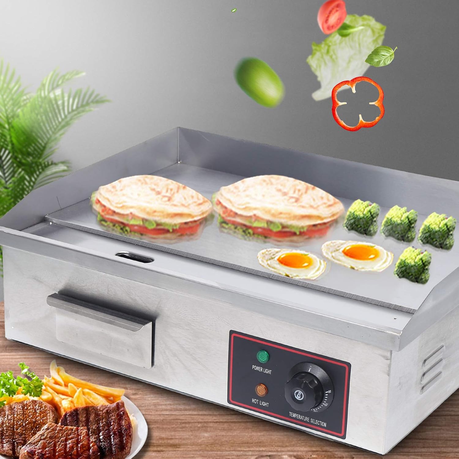21' Commercial Electric Griddle, 1600W 110V Non-Stick Commercial Restaurant Teppanyaki Grill Stainless Steel Countertop Griddle, Adjustable Temperature Control Flat Top Grill for Restaurant