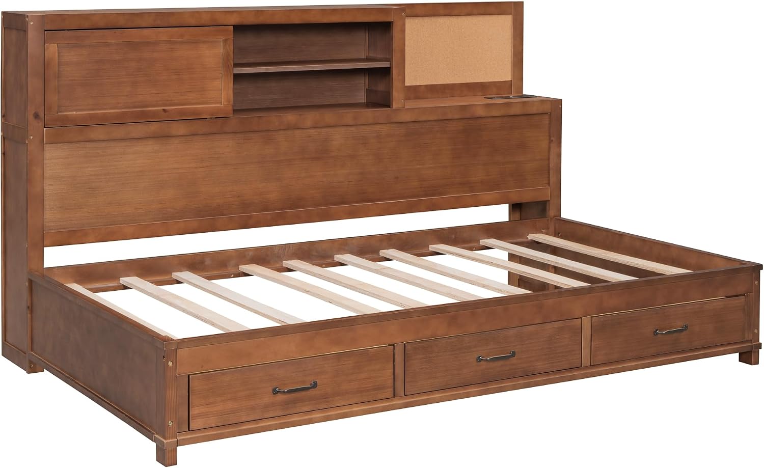 Harper & Bright Designs Twin Size Wooden Daybed with 3 Storage Drawers, Upper Soft Board, Shelf and a Set of Sockets and USB Ports, Twin Storage Bed for Small Living Space,Brown