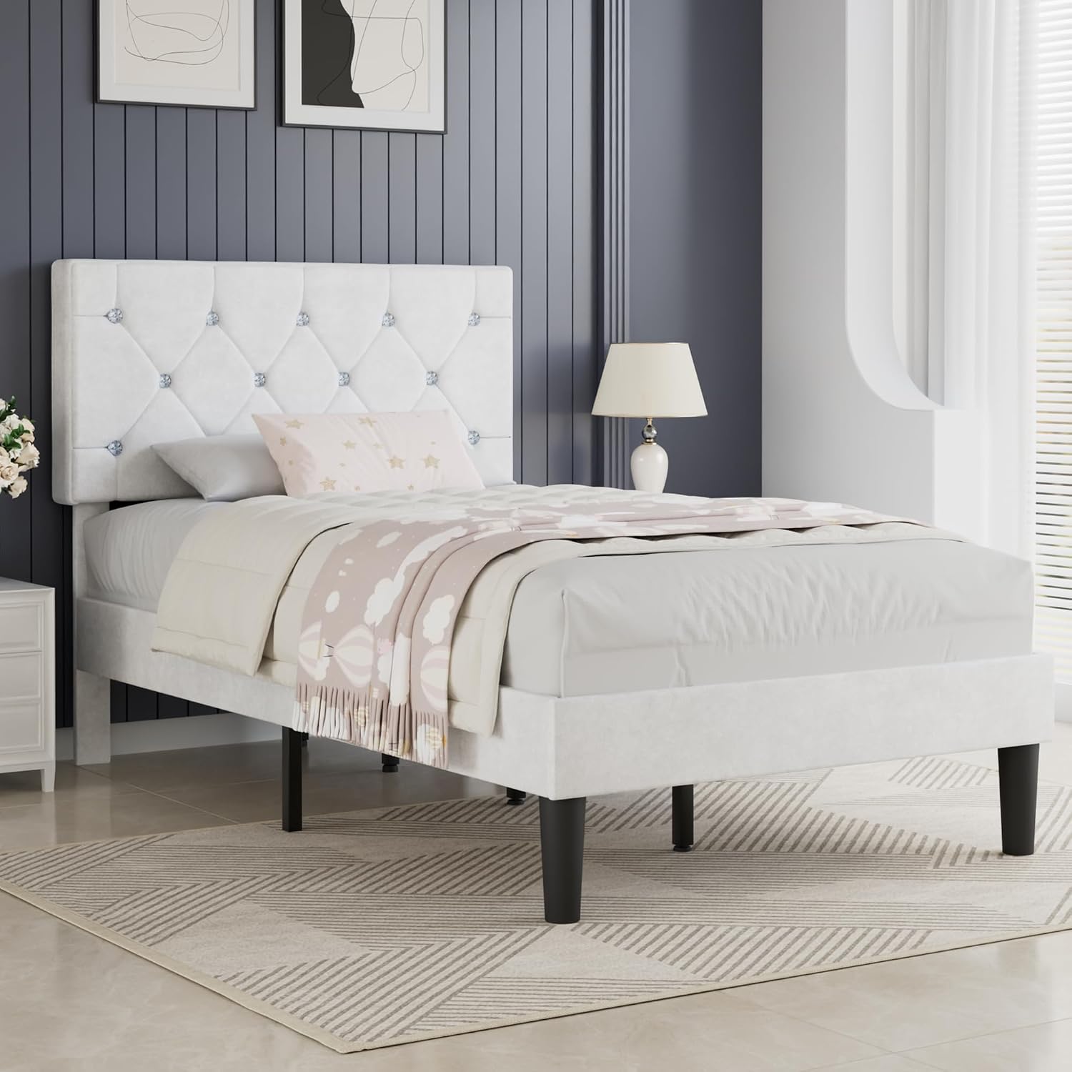 VECELO Twin Size Bed Frame with Diamond Tufted Headboard, Upholstered Platform Bedframe with Wood Slat Support, No Box Spring Needed, Velvet & White