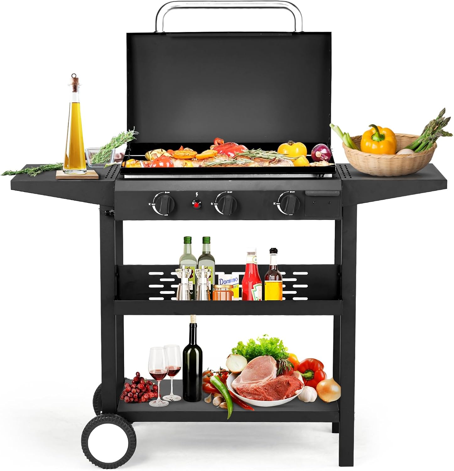 3 Burner Gas Griddle Cooking Station Cart with Side Shelves and Spice Rack, 30,000 BTU Propane Griddle, Non Stick Ceramic Coated Flat Top Portable Grill for Outdoor Barbecue and Backyard Cookout Black