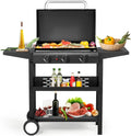 3-Burner Flat Top Gas Griddle, 30,000 BTU Outdoor Cooking Station with Ceramic Coated Cast Iron Pan, Side Shelves & Spice Rack, 45.9 x 17.7 x 33.5 in, Black