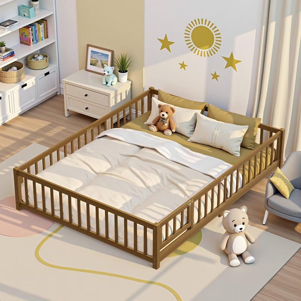 i-POOK Queen Floor Bed Frame with Wood Slats, High Fence & Small Door, Pinewood Montessori Floor Bed for Girls and Boys,Light Espresso